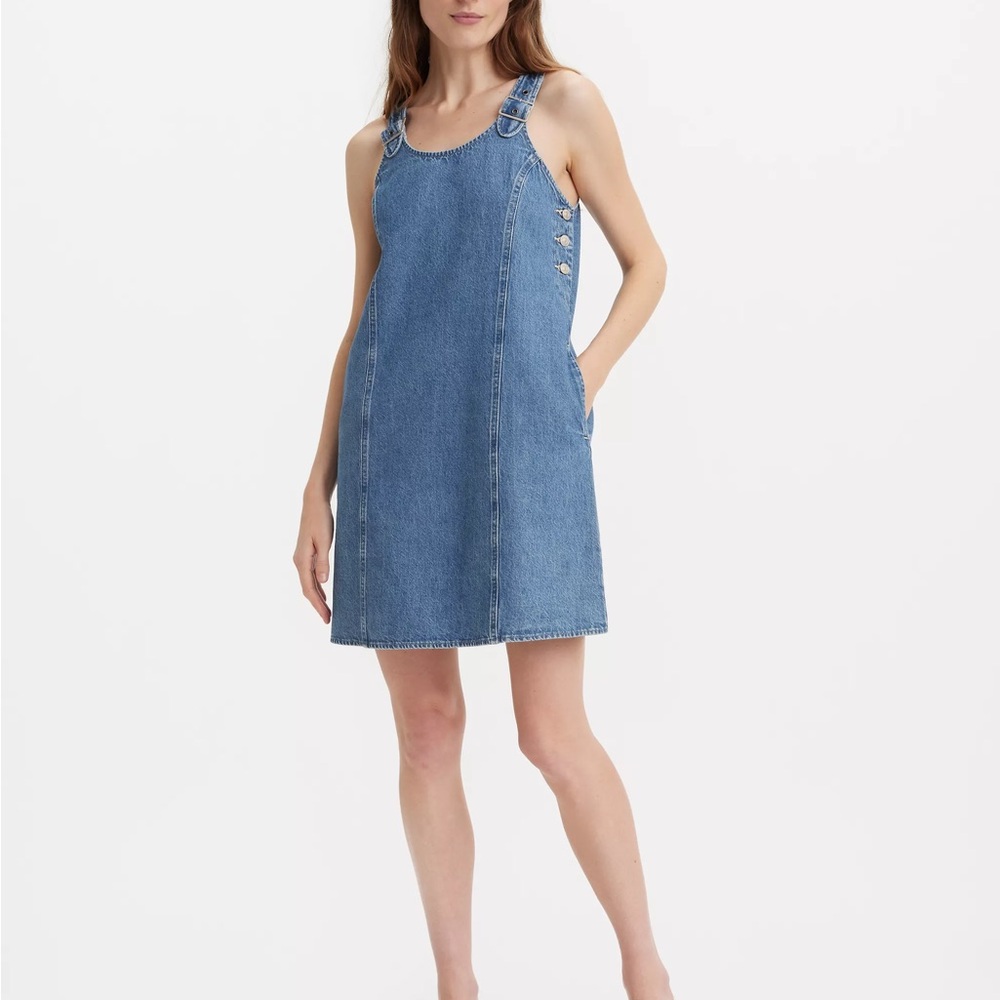 Levi’s Denim Pinafore Dress Large Sleeveless Buckle Strap Jumper Overall Dress